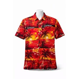 Pineapple Curacao Tropical Sunset Aloha Shirt Red Rayon Mens XXL Hawaiian Shirt